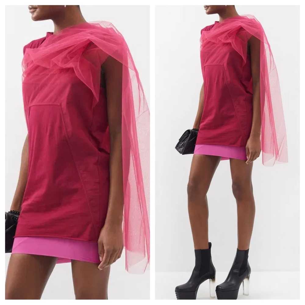 Rick Owens Tulle Cape Shoulder Cotton Jersey T-shirt in Fuchsia